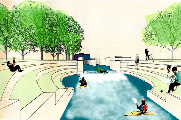 Am Mühlgang ist im Bereich Innovationspark der Bau eines Kleinwasserkraftwerksangedacht - samt Kajakwalze. In diesem Zusammenhang ist hier eine Parkanlage mit Treppen direkt zum Mühlgang vorgesehen.