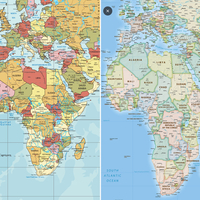 Links: Die Mercator-Darstellung der Welt. Rechts: Eine realistischere Darstellung Afrikas