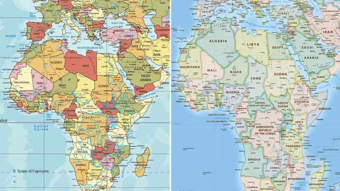 Links: Die Mercator-Darstellung der Welt. Rechts: Eine realistischere Darstellung Afrikas
