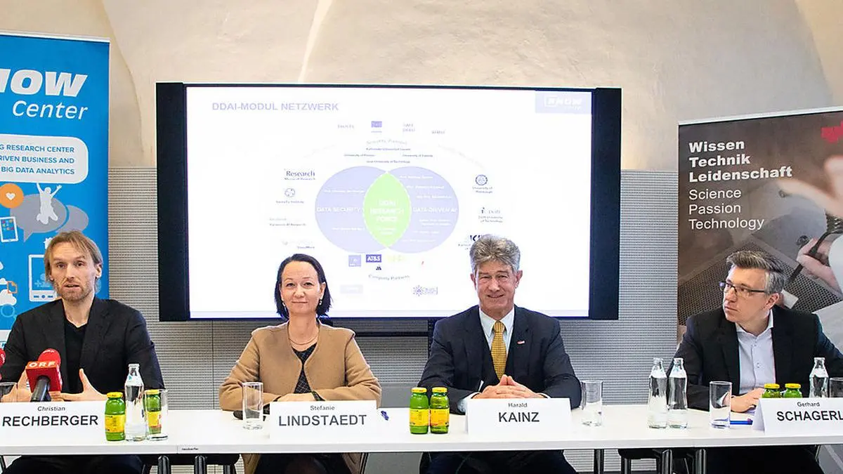Christian Rechberger (Know-Center), Stefanie Lindstaedt (Know-Center), Harald Kainz (TU Graz) und Gerhard Schagerl (AVL)