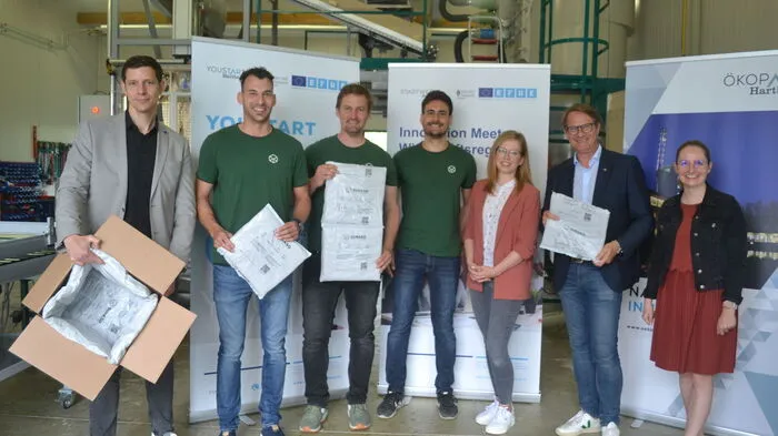 Das Gründer-Trio von Supaso mit Stadtwerke-Geschäftsführer Christoph Ehrenhöfer (links), "Youstart"-Projektkoordinatorin Martina Schuh, Bürgermeister Marcus Martschitsch und Stadtwerke-Marketingleiterin Eva Karner