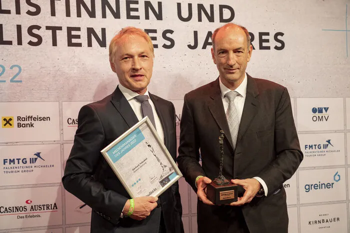 Als Medienmanager des Jahres ausgezeichnet: Gerhard Valeskini ("Kronen Zeitung"), der eine Laudatio von Herausgeber Christoph Dichand erhielt