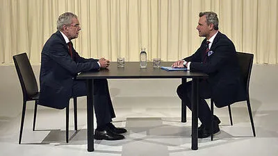Van der Bellen (links) und Hofer im ATV-Studio