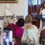 US First Lady Melania Trump speaks as she hosts a luncheon for the spouses of US governors attending the National Governors Association (NGA) winter meeting in the Blue Room of the White House in Washington, DC, February 26, 2018. / AFP PHOTO / SAUL LOEB