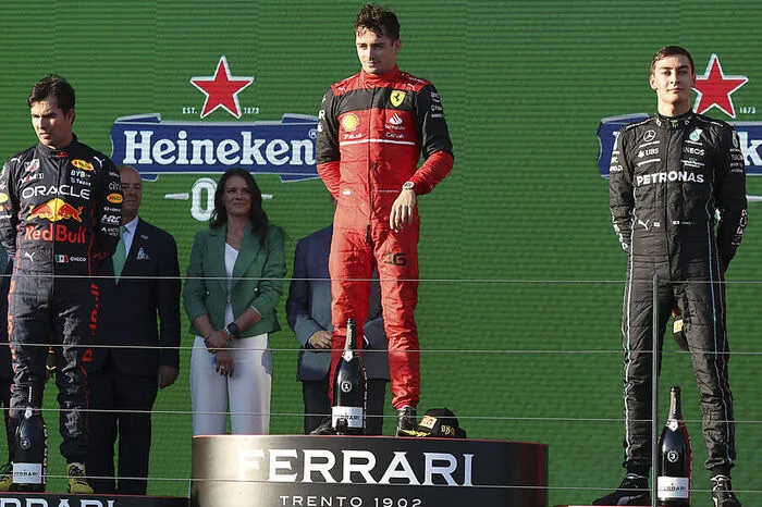 1. Charles Leclerc (MON) - Ferrari; 2. Sergio Perez (MEX) - Red Bull; 3. George Russell (GBR) - Mercedes  