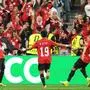 Egypt's Trezeguet (7) celebrates with Mohamed Salah (10) and Marawan Attia (19) after scoring his side's third goal during the World Cup Group G soccer match between New Zealand and Egypt in Vancouver, British Columbia, Sunday, June 21, 2026. (AP Photo/Abbie Parr)