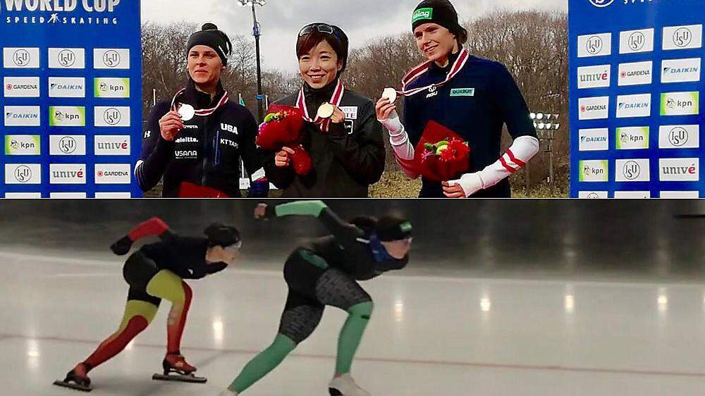 Die Besten der Besten: Bowe, Kodaira und Herzog (oben von links nach rechts). Die Kärntnerin beim Training am Eis mit der chinesischen Läuferin Jin Jingzhu (unten)