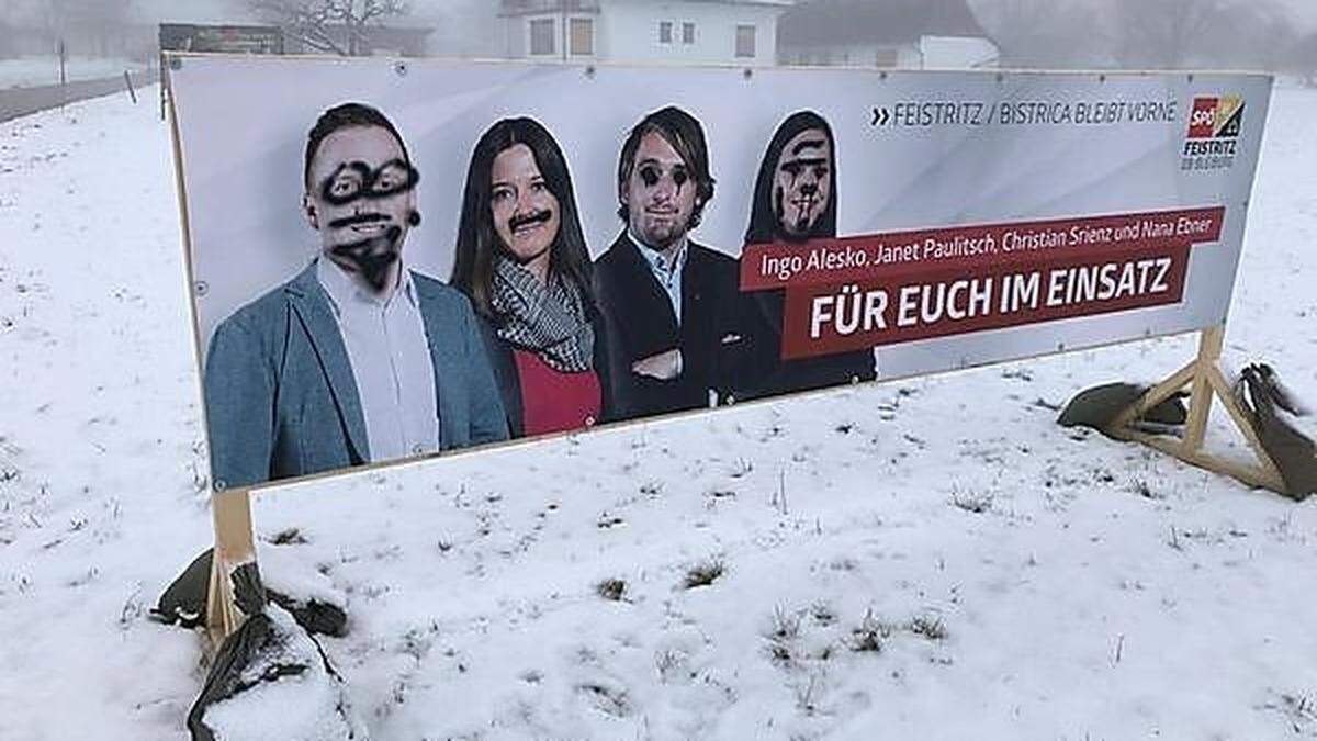 Ein beschmiertes Wahlplakat der SPÖ Feistritz ob Bleiburg