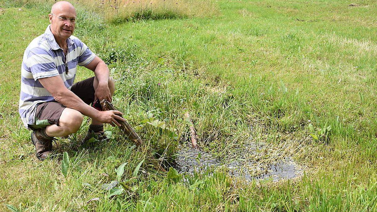 Paul Oberwalder zeigt, wie sich das Wasser in den Feldern staut, weil die Gräben nicht ausgeputzt sind