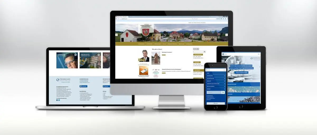 Die Webseite von Webwerk auf mehreren Bildschirmen von Smartphone bis Laptop | Auch der KI-Chat auf der Webseite der Stadt Klagenfurt wird von dem IT-Unternehmen entwickelt