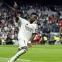 Real Madrid's Brazilian forward #07 Vinicius Junior celebrates scoring his team's first goal during the Spanish league football match between Real Madrid CF and CA Osasuna at the Santiago Bernabeu stadium in Madrid on November 9, 2024. (Photo by OSCAR DEL POZO / AFP)