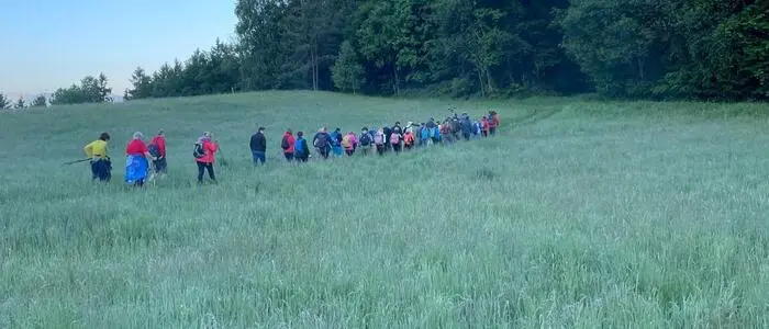 Eine grüne Wiese, blauer Himmel und mehrere Menschen in einer Reihe, die bergauf gehen