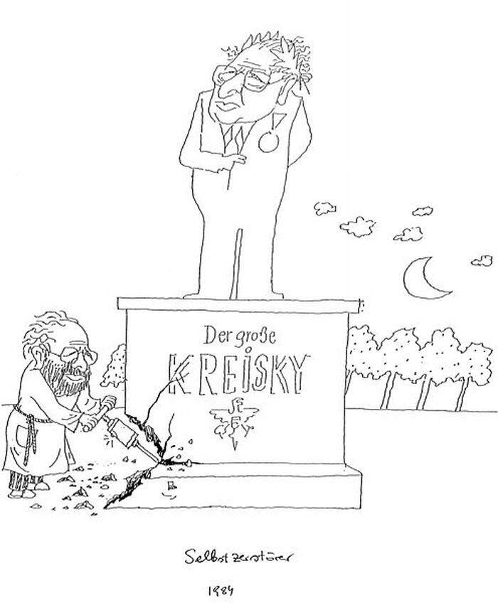 Selbstzerstörung, 1984: Kreisky-Karikatur von Gustav Peichl