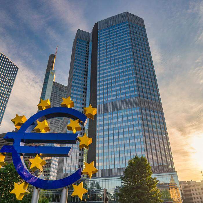 Frankfurt, Germany - July 9, 2017: sunrise city skyline at European Central Bank (ECB) and Euro Sign