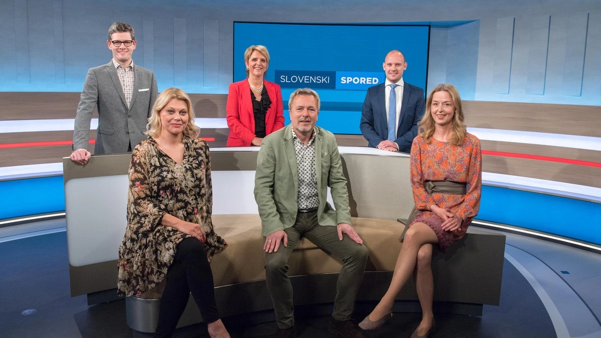 Landesdirektorin Karin Bernhard (dritte von links) und Redaktionsleiter Marijan Velik (vierter von links) mit dem Moderatoren-Team Magda Fresacher-Kropiunig, Alexander Tolmaier, Miran Kelih und Mira Grötschnig-Einspieler