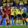 Germany's midfielder #06 Janina Minge and Germany's midfielder #20 Elisa Senss react after Sweden scored a fourth goal during the UEFA Women's Euro 2025 Group C football match between Sweden and Germany at Letzigrund Stadium in Zurich, on July 12, 2025. (Photo by Miguel MEDINA / AFP)
