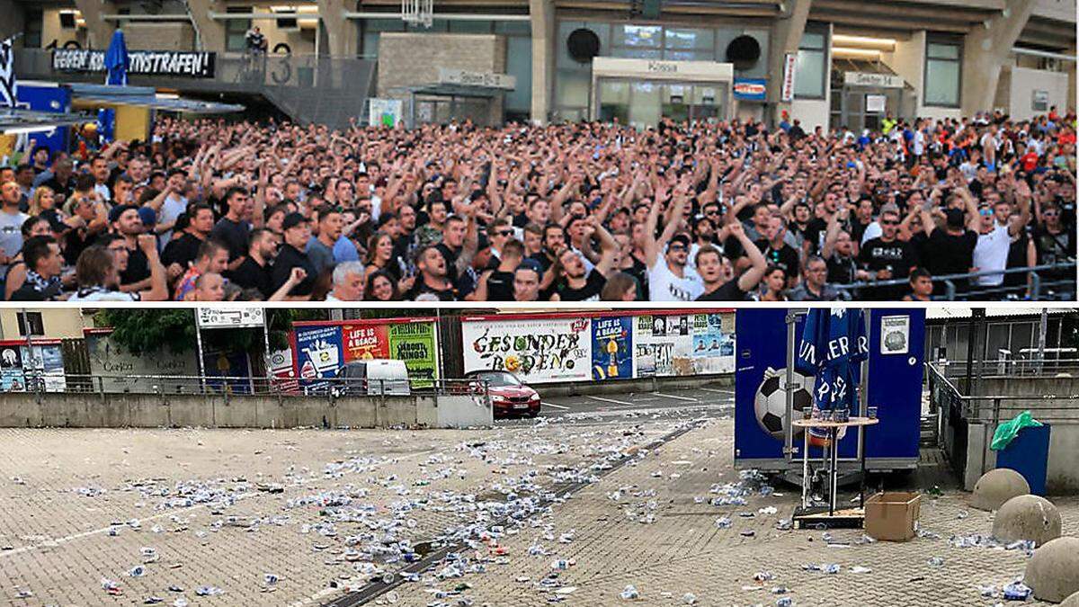 Sturm-Fans am Stadionvorplatz: Riesen Stimmung Donnerstagabend, riesiger Müllteppich Freitagvormittag