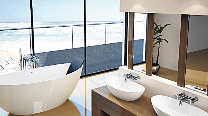 In der Badewanne „HOE Namur“ kann man harte Tage komfortabel ausklingen lassen. Eine Person hat in der 170 mal 75 Zentimeter großen Designerwanne aus Mineralguss jedenfalls genügend Platz. Bestellbar um 2790 Euro.