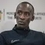(FILES) Chicago Marathon record holder, Kenyan athlete Kelvin Kiptum attends a press conference in the capital Nairobi on October 10, 2023. World marathon record holder Kelvin Kiptum and his coach Gervais Hakizimana have died in a car crash in western Kenya that left a third passenger also injured, police said on February 11, 2024. (Photo by Tony KARUMBA / AFP)