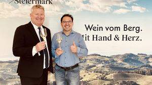 Stefan Potzinger (rechts) geht in seine dritte Periode als Obmann von &quot;Wein Steiermark&quot;. Erster Gratulant: Chris Yorke, Chef der Österreich Wein Marketing GmbH (links)