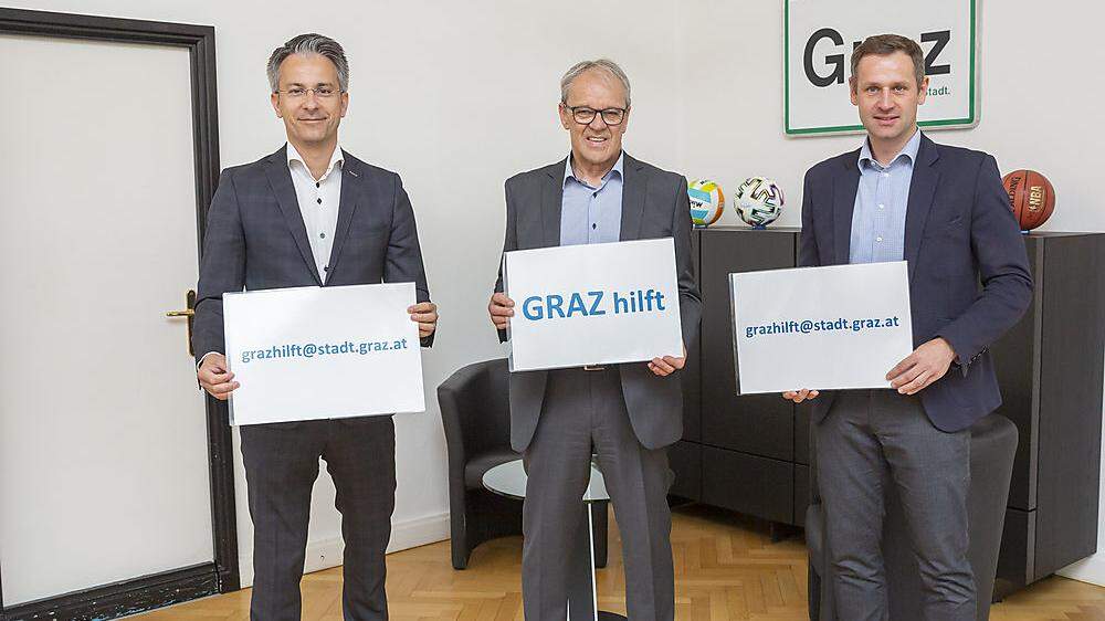 Im Juni 2020 wurde &quot;Graz hilft&quot; vorgestellt: Kurt Hohensinner (ÖVP), Günther Feldgrill, Armin Sippel (FPÖ)