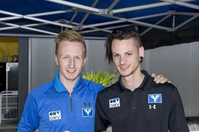 Sarah Oberlercher aus Kärnten und Andreas Bauer aus dem Burgenland hatten ein „Meet &amp; Greet“ mit den beiden ÖSV-Adlern Manuel Fettner und Markus Schiffner.