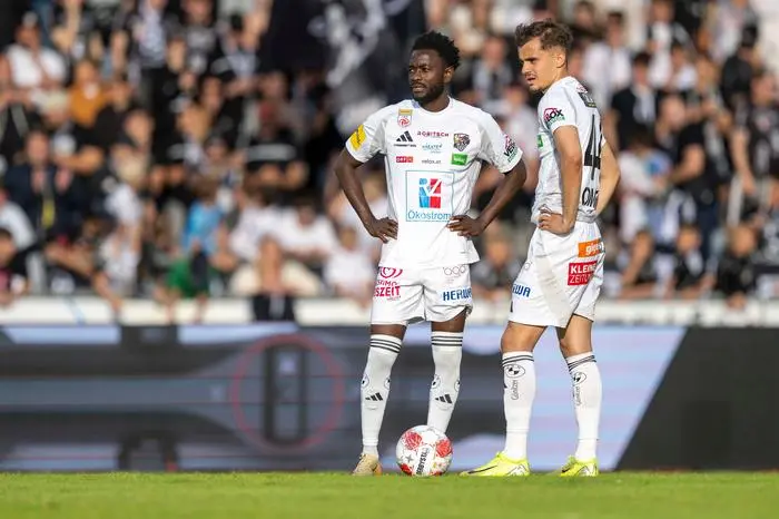 WOLFSBERG,AUSTRIA,18.MAY.25 - SOCCER - ADMIRAL Bundesliga, championship group, Wolfsberger AC vs FK Austria Wien. Image shows David Atanga and Ervin Omic (WAC).
Photo: GEPA pictures/ Avni Retkoceri