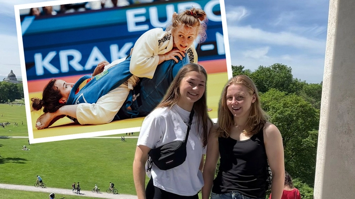 Lisa Tretnjak (links) und Verena Hiden im Englischen Garten in München. Oben: Hiden bei den European Games in Polen.