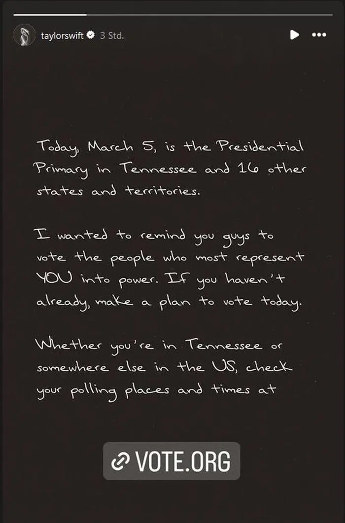 Popstar Taylor Swift rief die Amerikanerinnen und Amerikaner am „Super Tuesday“ zum Wählen auf