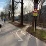Die markierte Umleitung schickt die Radfahrer über eine Wiese auf den Gehsteig