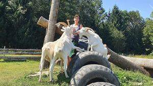 Tierpflegerin Sandra Schörghofer mit ihren Ziegen im neuen Ziegen-Spiel- und Kletterpark