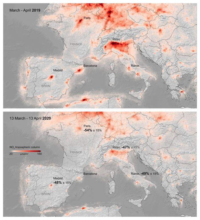 Die Luftverschmutzung in einer Satellitenaufnahme, als sie von März bis April zurückging