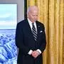 US President Joe Biden waits to be introduced during a ceremony to sign proclamations to establish the Chuckwalla National Monument and the Sattitla Highlands National Monument in California, in the East Room of the White House in Washington, DC, on January 14, 2025. (Photo by ROBERTO SCHMIDT / AFP)