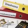 Sujetfoto: Vor zwei Ordnern mit den Aufschriften „Insolvenz“ und „Insolvenzrecht“ liegen Kleingeld und ein Taschenrechner
