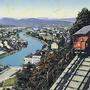 Alte Postkarte um 1910 mit der Schloßbergbahn und Blick auf Graz