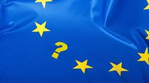 Euroscepticism - Detail of Silky Flag of Blue European Union EU Flag Drapery With Question Mark