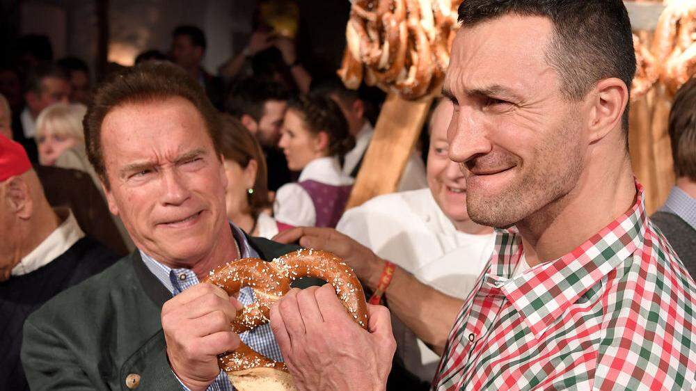 Schwarzenegger und Klitschko im Brez'n-Clinch