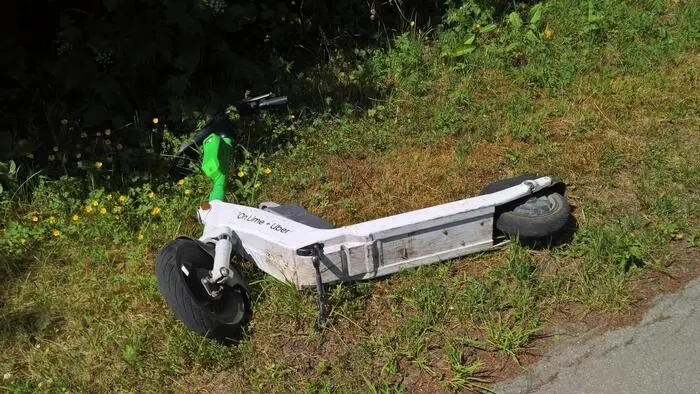 Ein E-Scooter liegt am Wegesrand