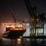 A container ship is moored at a terminal of Europe's second largest container port in Hamburg, northern Germany on February 3, 2025 (Photo by Ina FASSBENDER / AFP)