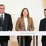 Staatssekretär Jörg Leichtfried (SPÖ), Integrationsministerin Claudia Bauer (ÖVP), Klubobmann Yannick Shetty (Neos) am Mittwoch bei einem Pressetermin.