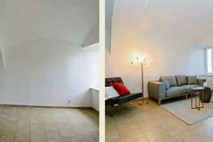 Vor dem Staging wirkt das Wohnzimmer kühl, danach einladend.