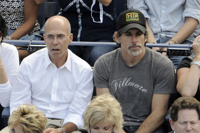 Produzent Jeffrey Katzenberg (zweiter von links), seine Frau Marilyn, gemeinsam mit Stiller und Taylor bei den US Open 2009.