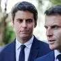 (FILES) French Education and Youth Minister Gabriel Attal (L) looks at France's President Emmanuel Macron (R) addressing the audience at the 'lycée professionnel de l'Argensol' or Argensol vocational school during his visit of the school in Orange, Southeastern France on September 1, 2023. French President Emmanuel Macron on January 9, 2024, named education minister Gabriel Attal as French Prime Minister in a bid to give new momentum to his presidency, with the 34-year-old becoming France's youngest and first openly gay head of government, a source close to the presidency told AFP. (Photo by Ludovic MARIN / POOL / AFP)