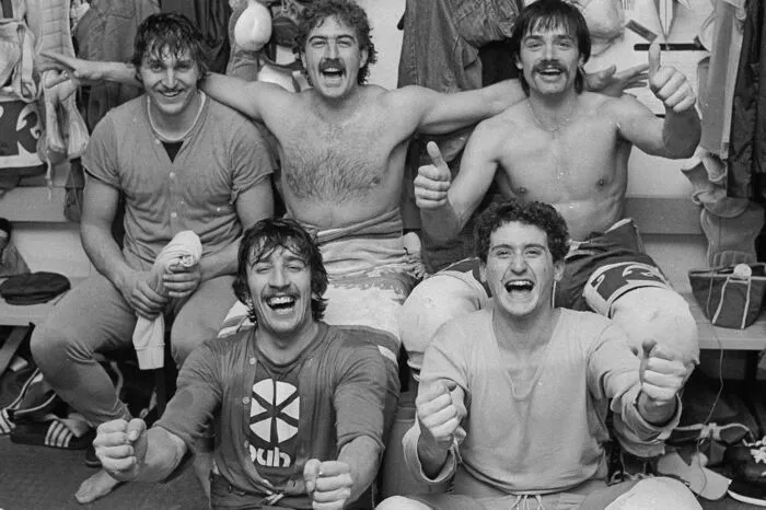 1981, Titel Nummer eins: hinten v.l.: Helmut Petrik, Leo Sivec, Peter Raffl. Vorne v.l. Kruno Sekulic, Giuseppe Mion