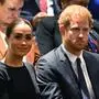 Prince Harry (R) and Meghan Markle (L), the Duke and Duchess of Sussex, attend the 2020 UN Nelson Mandela Prize award ceremony at the United Nations in New York on July 18, 2022. - The Prize is being awarded to Marianna Vardinoyannis of Greece and Doctor Morissanda Kouyate of Guinea. (Photo by TIMOTHY A. CLARY / AFP)