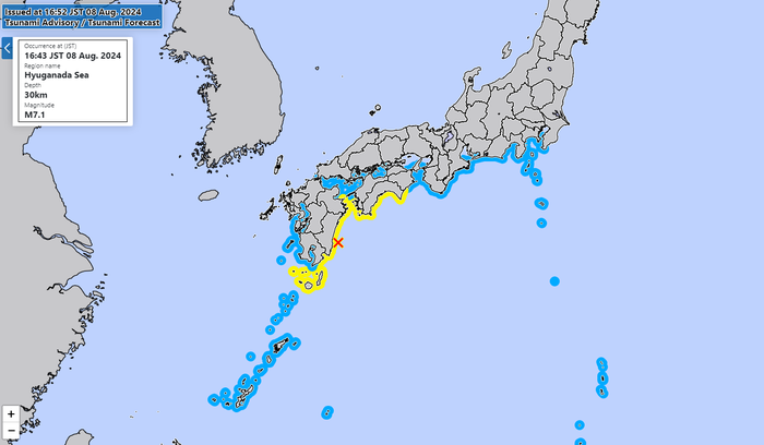 Im gelben Bereich gibt es einen Tsunami-Hinweis von Japans meteorologischem Institut. Das ist eine Stufe unter einer Warnung.