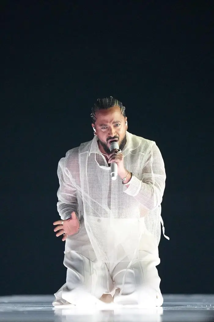 Slimane of France performs the song Mon amour during the second semi-final at the Eurovision Song Contest in Malmo, Sweden, Thursday, May 9, 2024. (AP Photo/Martin Meissner)
