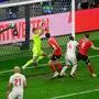 Turkey's defender #03 Merih Demiral scores his team's second goal past Austria's goalkeeper #13 Patrick Pentz during the UEFA Euro 2024 round of 16 football match between Austria and Turkey at the Leipzig Stadium in Leipzig on July 2, 2024. (Photo by JOHN MACDOUGALL / AFP)