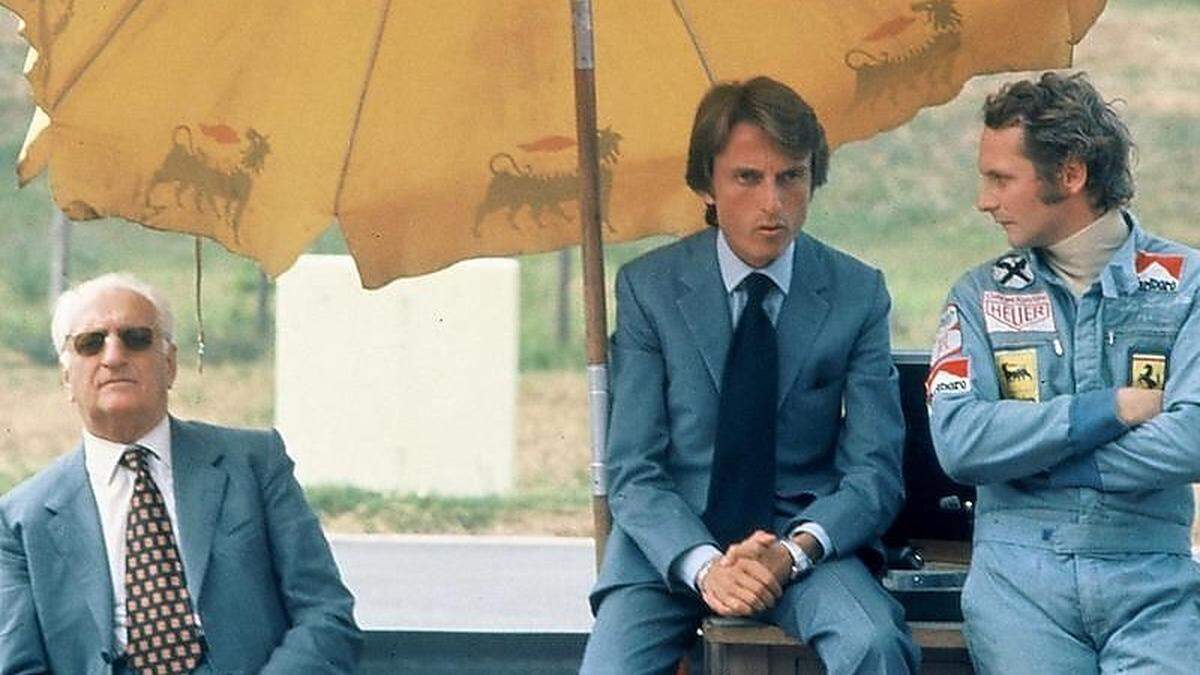 Enzo Ferrari mit Luca di Montezemolo und Niki Lauda