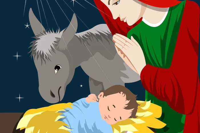 Die Mutter von Jesus, wird meist kniend mit einem blauen Umhang dargestellt. Blau nimmt hier die Rolle der christlichen Symbolfarbe für das Himmlische ein.